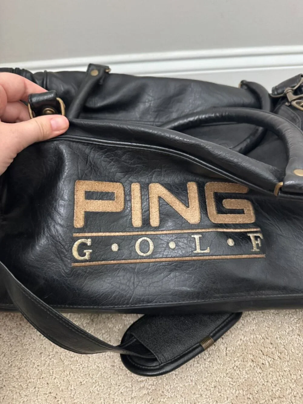 Ping Golf Vintage Leather Duffle Bag Black Leather Embroidered Adjustable Detach